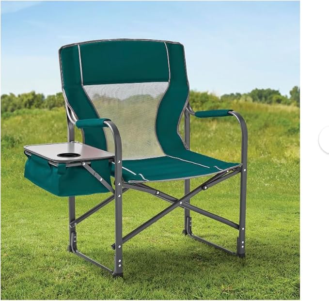 Folding Director's Chair with Side Table and Cooler Heavy-Duty Camping Chair 33.73W x 37.3H inches (Green Smoke)