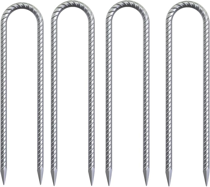 16 Inch Heavy Duty Trampoline Stakes U Shaped Rebar Ground Anchors for High Wind 3/8 Thick Steel U Shaped Stakes for Trampoline Tent Canopy Swing Set Playground &amp Bounce House 4 Pack