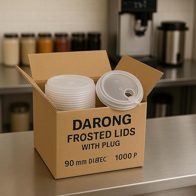 Darong 1000 PCS Frosted Premium 90mm PP Plastic Cup Lids with Attached Stopper Flat Lid for 16oz–32oz Injection PP Cups Recyclable Disposable Drink Cup Lids – Case of 1000