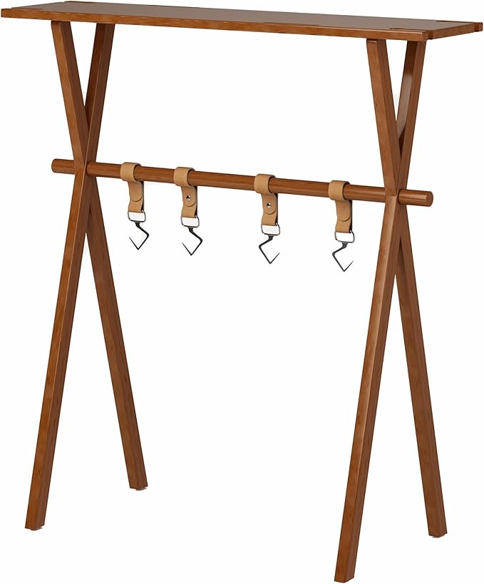 Portable Wooden Picnic Rack &amp Table – Lightweight Beechwood Shelf with Metal Hooks for Outdoor Kitchen RV BBQ &amp Camping Storage