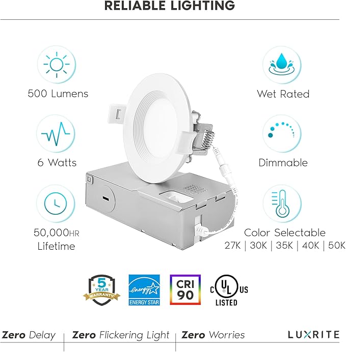 LUXRITE 3 Inch Ultra Thin LED Recessed Lighting 6W 5 Color Selectable 2700K | 3000K | 3500K | 4000K | 5000K CRI 90 500 Lumens Dimmable LED Wafer Lights Wet Rated IC Rated Baffle Trim (6 Pack)