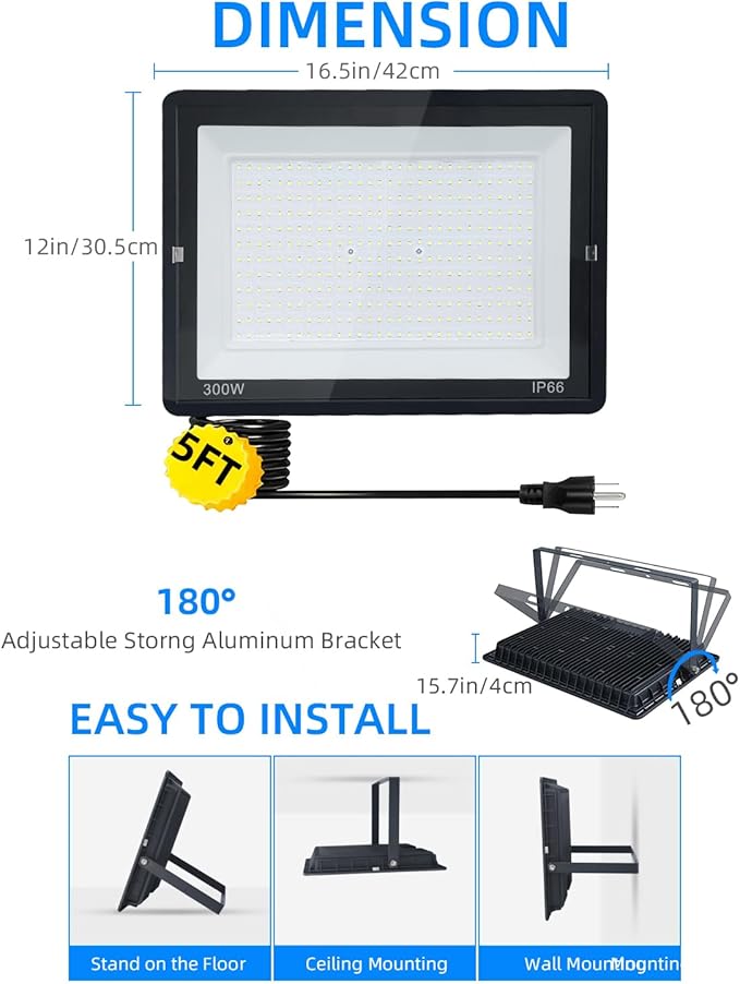 300W LED Flood Light Outdoor 2Pack 30000LM Super Bright IP66 Waterproof Outside Work Lights 6500K Daylight White Security Lights Plug in Flood Light for Yard Garage Garden Patio