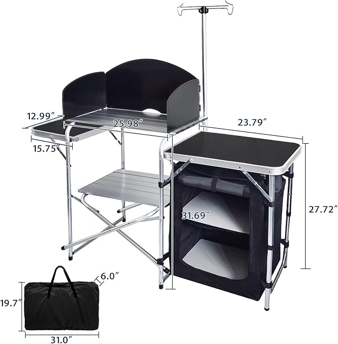 CampLand Folding Camping Kitchen Table with WindscreenPortable Outdoor Cooking Station with Storage Cabinet &amp Side Tables Heavy Duty Camp Cook Station for Camping &amp BBQ (Black)