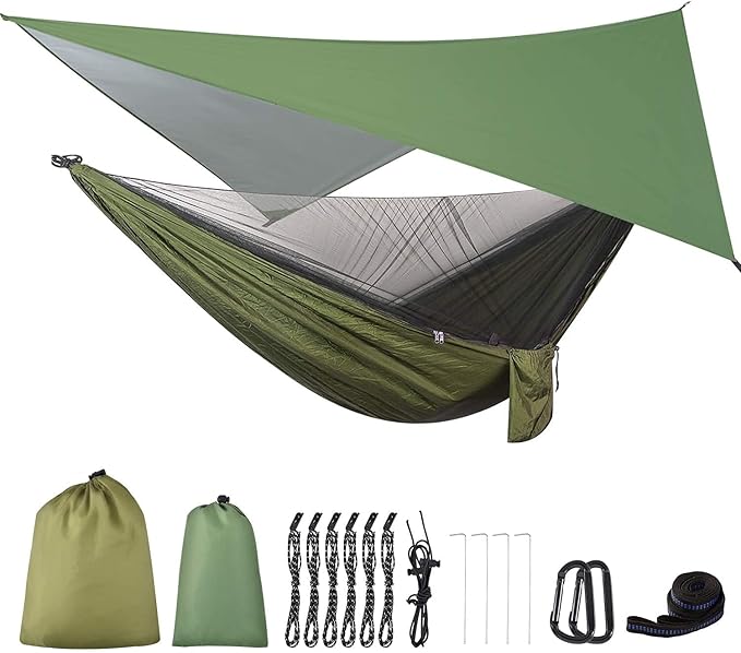 Camping Hammock with Rain Fly Tarp and Mosquito Net Tent Tree Straps Portable Single Double Nylon Parachute Hammock Rainfly Set for Backpacking Hiking Travel Yard Outdoor Activities Green