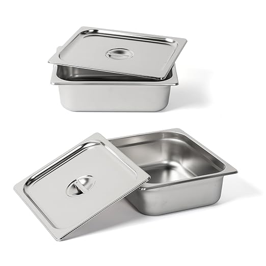 ROVSUN 2-Pack 1/2 Half Size Hotel Pan 4 Inch Deep Steam Table Pan with Lid Stainless Steel Anti Jam Pan for Party Home Commercial