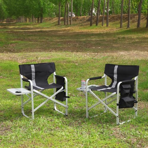 2-Piece Padded Folding Outdoor Chair with Side Table and Storage PocketsLightweight Oversized Directors Chair for Indoor Outdoor Camping Picnics and FishingBlack/Grey
