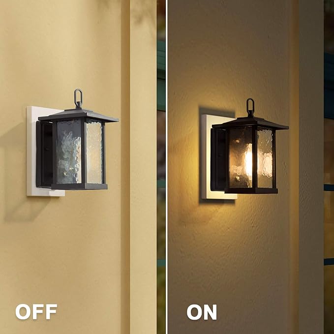 LALUZ Rectangle Outdoor Light Fixtures Wall Mount Weather-Proof Porch Lights Outdoor with Water Ripple Glass Anti-Rust Outdoor Wall Lantern for Patio Yards Garden Front Door Matte Black Finish