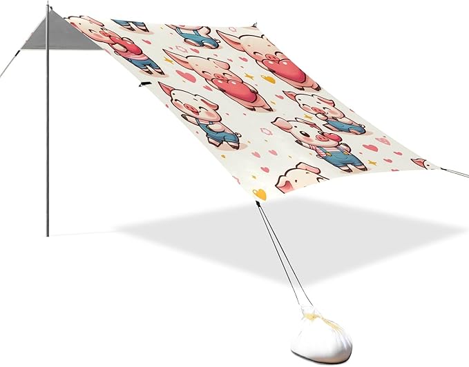 Cute Pig with Heart Camping Sun Shelter Beach Tent Portable Beach Sun Shade Outdoor Canopy for Camping Trips Fishing Picnic