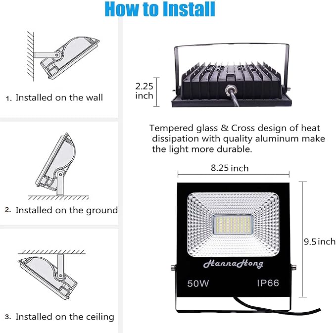 HANNAHONG 50W 120V LED Flood Light Plug inSuper Bright Security/Work/Plant Grow LightIP66 Waterproof OutdoorDaylight White Reflector SpotlightPorchGaragePatioYardGarden 2 Pack