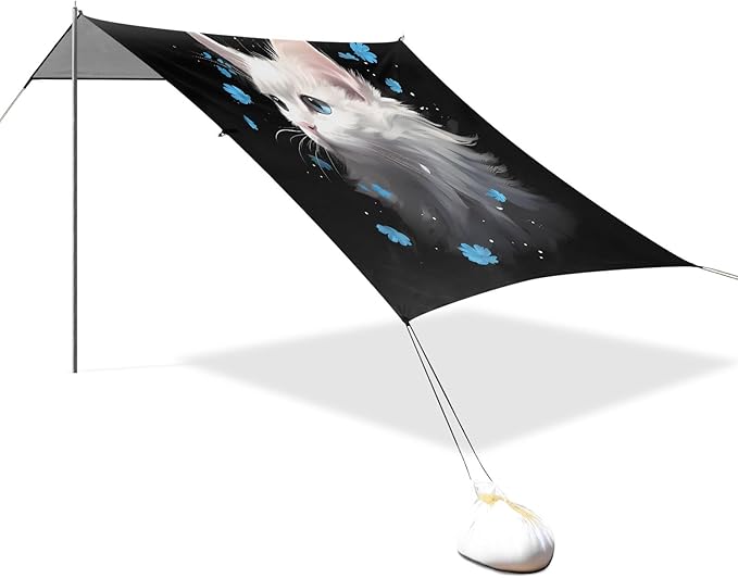 Camping Sun Shelters White Cat with Little Blue Flowers Beach Canopy 126 * 110.2in