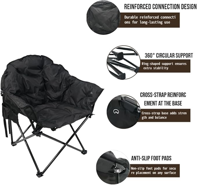 Heated Camping Chair3-Zone Heating for Back &amp Seat Portable Folding Outdoor Chair w/Side Pockets USB Powered (Power Bank NOT Included) 500 LBS Capacity