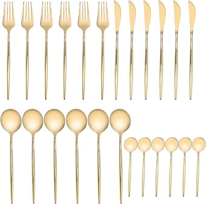 24Pcs Gold Silverware Set Stainless Steel Cutlery Set Knife Fork Spoon Teaspoon Flatware Set for Home Hotel Dishwasher Safe