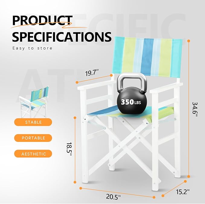VINGLI Widen Folding Director Chair Set of 2 with Sturdy Wooden Frame &amp Beige Canvas Portable Durable for Outdoor Patio Camping Use Green and Blue Strip