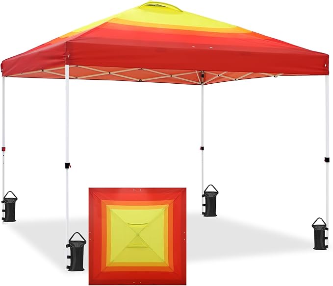EAGLE PEAK Pop Up Canopy Tent with Wheeled Carry Bag 8 Stakes 4 Ropes 4 Weight Bags Easy Set Up Tent Canopy 10x10 ft 100sqft of Shade Sunset Stripe