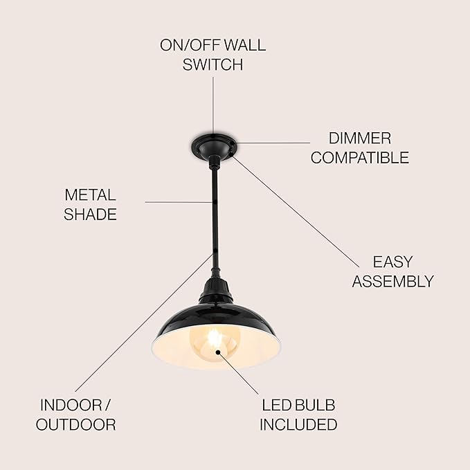 JONATHAN Y 12.25 Black 1-Light Farmhouse Indoor/Outdoor LED Pendant Iron Hanging Light and Black Metal Shade Rustic Ceiling Lamp for Kitchen Island LED Bulb Included (JYL7611B)