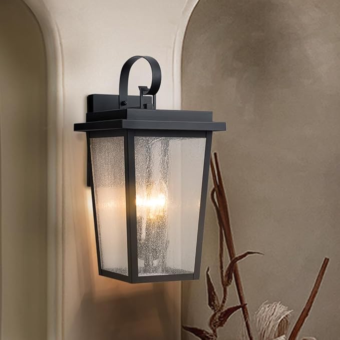 Large Outdoor Wall Sconce Mate Black Exterior Lights Fixtures for House Waterproof Outside Porch/Patio Lantern Wall Mount with Seeded Glass for Garage Entryway ETL