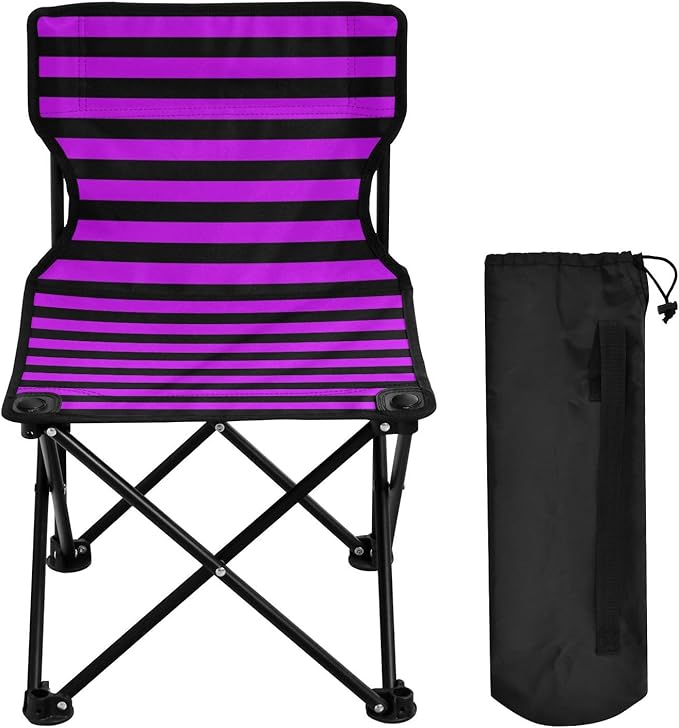 KLL Purple Black Strips Compact Folding Chairs Ultra Lightweight Camp Chair with Carrying Bag Ice Fishing Chair with Back for Hiking Camping