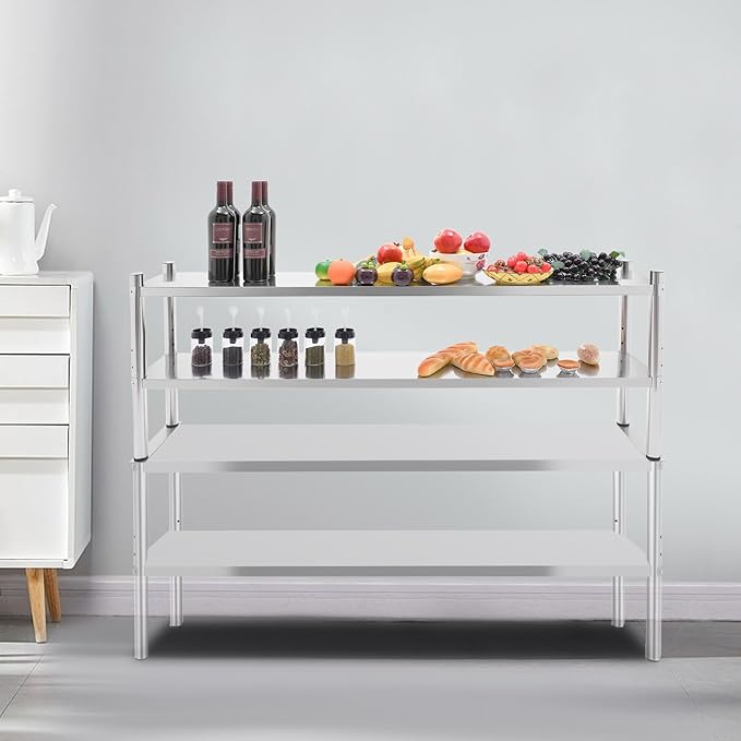 Double Overshelf of Stainless Steel 12'' x 60'' Weight Capacity 176lb Adjustable 2 Tier Shelf for Prep &amp Work Table in Home and Kitche