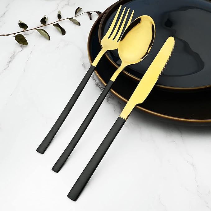 24 Piece Mirror Golden Plated 18/0 Stainless Steel Flatware Set Black Handle With Golden Mouth Silverware Set With Teaspoon Cutlery Set Service for 6
