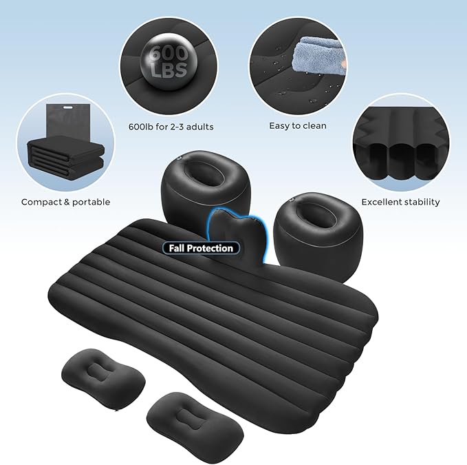Thickened Inflatable Car Bed Air Mattress with Safety Side Wedge/Built-in Air Pump &amp 2 Pillows/Back Seat Camping Sleeping Pad for SUVs and Sedans/Portable Foldable Airbed for Travel/Black