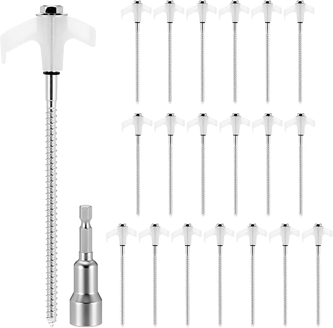 QWORK 8 Heavy Duty Screw in Tent Stakes Set - 20 Pack Tent Pegs Camping Stakes with Screwdriver | Glow in The Dark