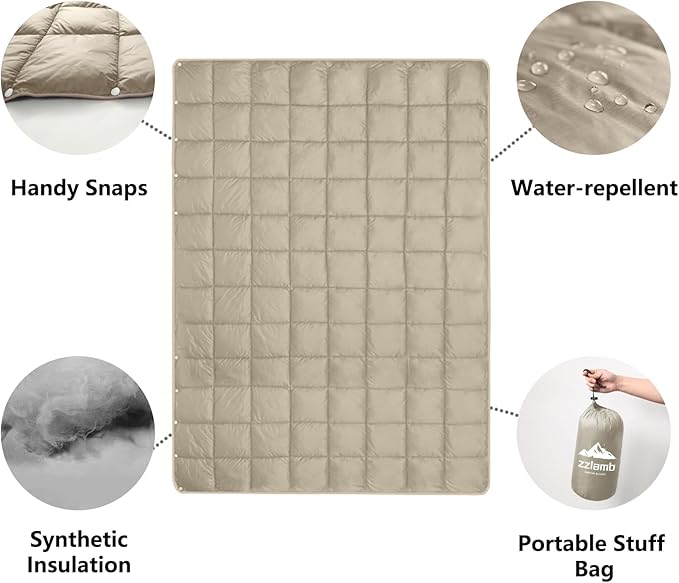 zzlamb Camping Blanket Compact Lightweight Soft Puffy Blanket Water-Repellent Packable Warm Quilt Down Alternative Picnic Hiking Backpacking Beach Travel RV Airplane Couch Car