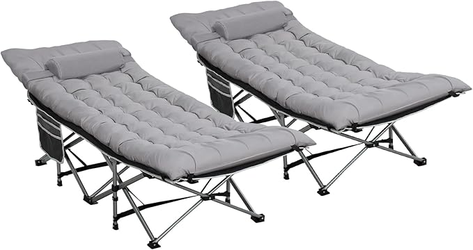 2 Pack Wide Folding Camping Cots with Pillow &amp Extra Thick 3 Inch Matress Cots for Sleeping 900 LBS Camping Bed for Adults with Cushion Sleeping Cot (Grey)