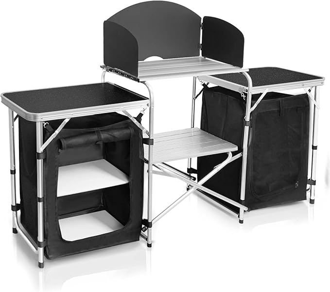 CampLand Folding Camping Kitchen Table with WindscreenPortable Outdoor Cooking Station with Storage Cabinet &amp Side Tables Heavy Duty Camp Cook Station for Camping &amp BBQ (Black2cabinet)