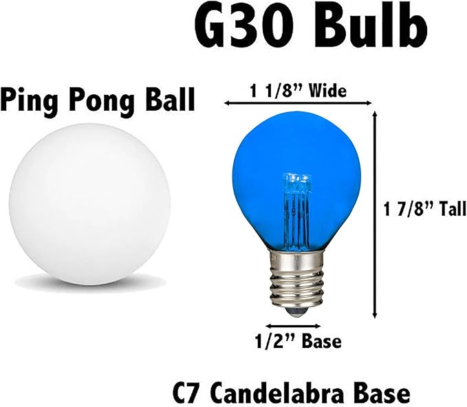 Novelty Lights 25 Pack G30 Glass LED Globe Bulbs String Light Replacement Bulbs E12 Candelabra Base Energy Efficient Outdoor Patio Lighting Blue