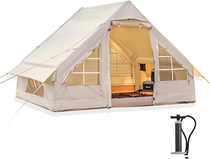 Inflatable Camping Tent with Pump Glamping Tents Easy Setup 4 Season Waterproof Windproof Outdoor Blow Up Tent Luxury Cabin Tent with Mesh Windows &amp Doors