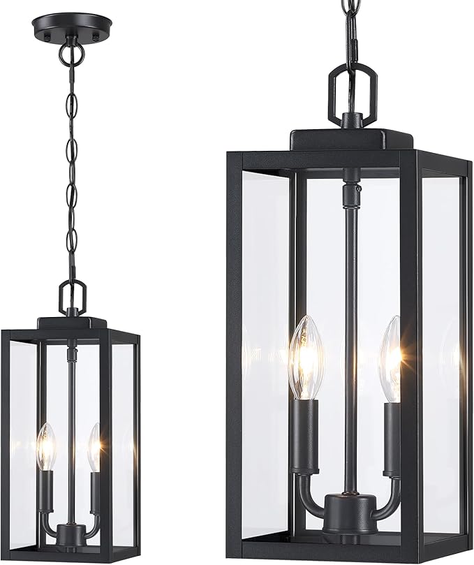 15'' Large Outdoor Pendant Light 2-Light Modern Black Metal Outside Chandelier Exterior Hanging Fixture Ceiling Mount with Clear Glass for Front Porch Entrance Foyer Entryway 1 Pack