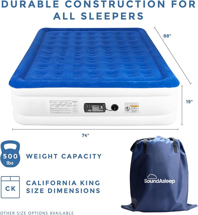 SoundAsleep Dream Series Luxury Air Mattress with ComfortCoil Technology &amp Built-in High Capacity Pump for Home Camping- Double Height Adjustable Inflatable Blow Up Portable - California King X