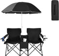 Double Camping Chair 2-Person Portable Beach Chair w/Removable Umbrella Cup Holders &amp Carrying Bag Folding Loveseat Chairs for Adults Outdoor Picnic (Black)