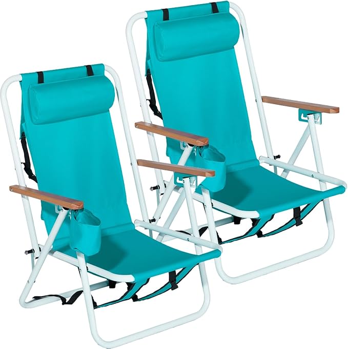 Folding Beach Chair Set of 24-Position Portable Backpack Beach Chairs for Sand Camping Lawn Concert Travel Festival (Green)
