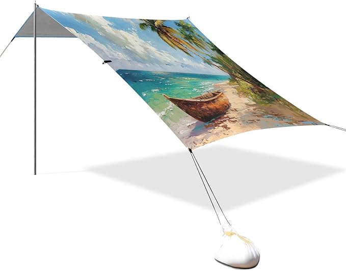 Boat on The Shore Beach Tent Sun Shelter 9.2' x 10.5' Beach Canopy with 4 Sandbags 4 Stability Poles Sand Shovels - Tent Canopy for Beach Camping Fishing Picnics