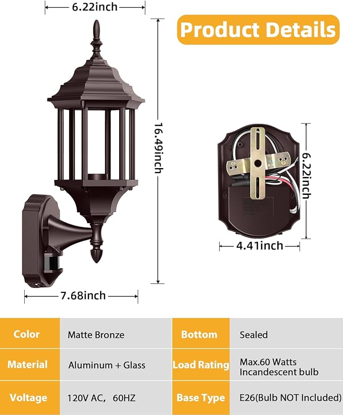 Redluck Motion Sensor Outdoor Lights 16 inch Dusk to Dawn Outside Porch Lights Waterproof Anti-Rust Aluminum Outdoor Wall Lights Exterior Lighting Fixtures for House Garage Front Door Brown