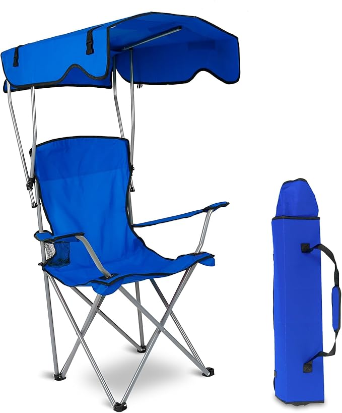 Camping Chair with Canopy Portable Outdoor Folding Beach Chairs with Cup Holder 330LBS Load Lawn Chair for Outside Fishing Beach Picnic (Blue)