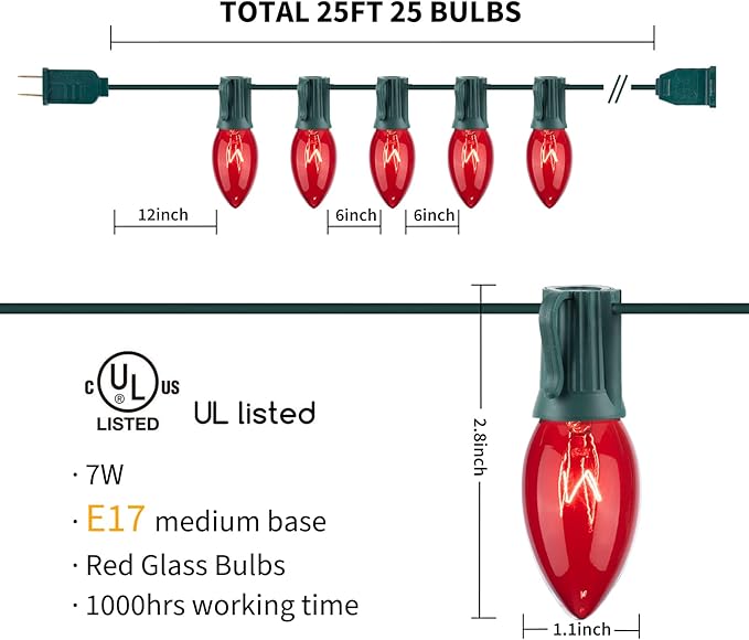 Minetom C9 Red Christmas String Lights 25FT 25 Blubs Bright &amp Warm Outdoor Christmas Lights Long Life C9 String Lights for Tree Patio Gazebo Wreath Green