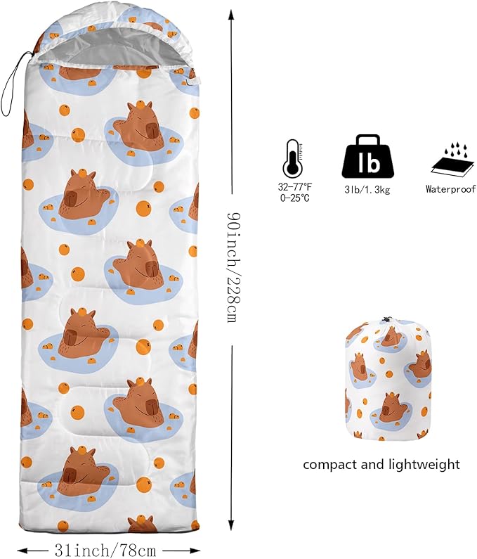 Kawaii Capybara Sleeping BagRainbow Duck Floral Compact Waterproof Camping Bag for Kids Girls BoysCute Cartoon Capibara Warm Backpacking for Traveling Outdoor Hiking Camping Gear Equipment