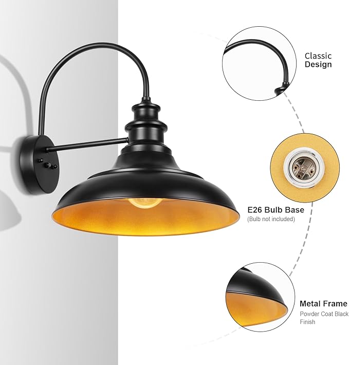 Outdoor Barn Light Fixtures 16 Inch Large Dome Farmhouse Exterior Wall Mount Lights Rustic Wall Sconces Indoor Wall Lighting Industrial Black Gold Lanterns for Porch Garage 2 Pack