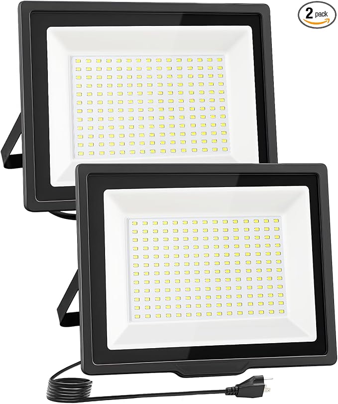 100W Flood Lights Outdoor12000LM Bright Work Light Plug in6500K Daylight White LED Flood Light Outdoor IP66 Waterproof Exterior Floodlight for Yard Garage Stadium 2 Pack