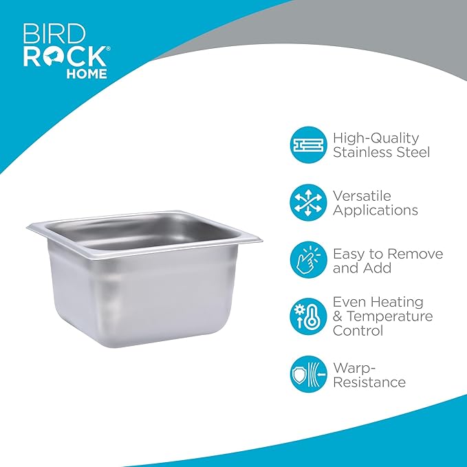 BIRDROCK HOME Stainless Steel Steam Table Pan - Hotel Restaurant &amp Catering Supplies - 24 Gauge Steel 1.8 qt Capacity - Meal Prep Cooking &amp Food Storage Container - 4 Depth 1/6-Size (6 P