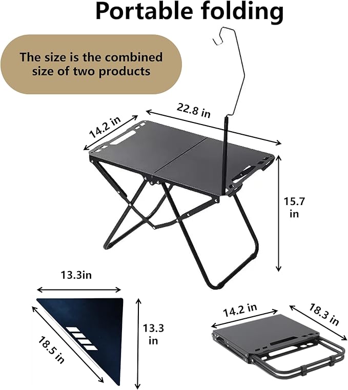Outdoor portable folding carbon steel camping table suitable for camping barbecue picnic RV outdoor cooking travel - single or set (Black combination set inch 6.3 inch 19.7 inch 15.5)