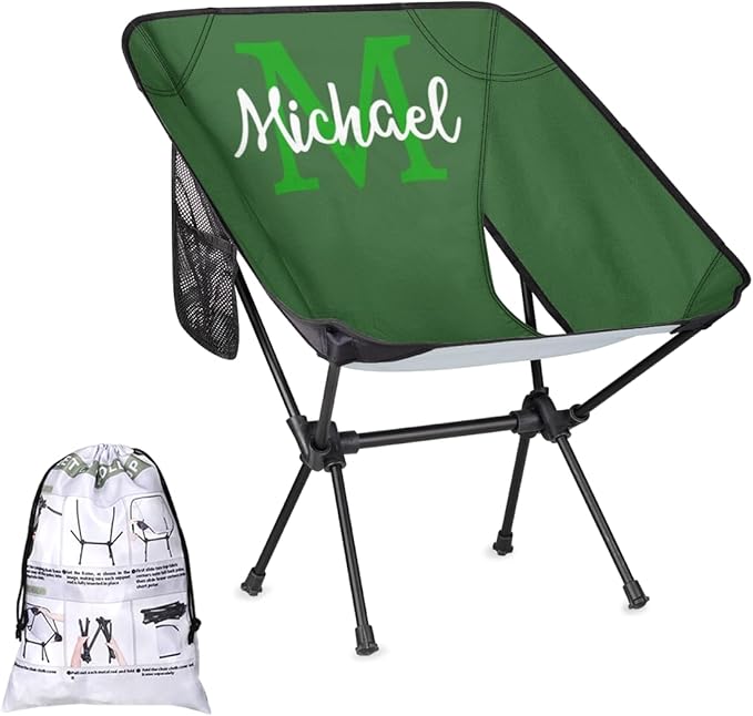 Custom Green Portable Camping Chair Personalized Backpacking Chair with Name Lightweight Foldable Chairs for Hiking Beach