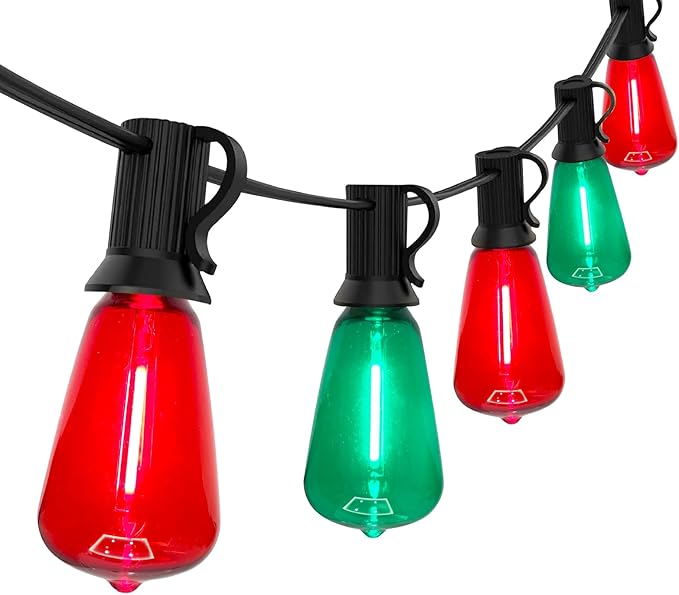 50Ft Outdoor Multicolor String Lights LED Dimmable Christmas Red/Green Lights Outdoor Waterproof with 25 ST38 Red/Green LED Bulbs 2700k Shatterproof for Backyard Gazebo Porch Garden Outside Decor