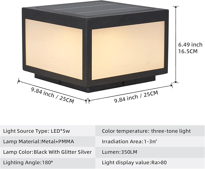 Solar Post Lights Outdoor Pillar LightSolar Cap Column Lighting LED Square Deck Cap Lamp for Flat Surface Patio Garden Decoration Stainless Steel Lamp Post Dusk to Dawn with IP65 Waterproof（10x10）