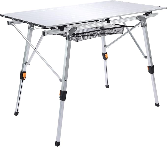 Folding Outdoor Camping Table with Adjustable Legs Lightweight Aluminum Roll Up Camp Table with Carrying Bag Mesh Storage Organizer for Cooking Picnic Beach Backyards BBQ Party