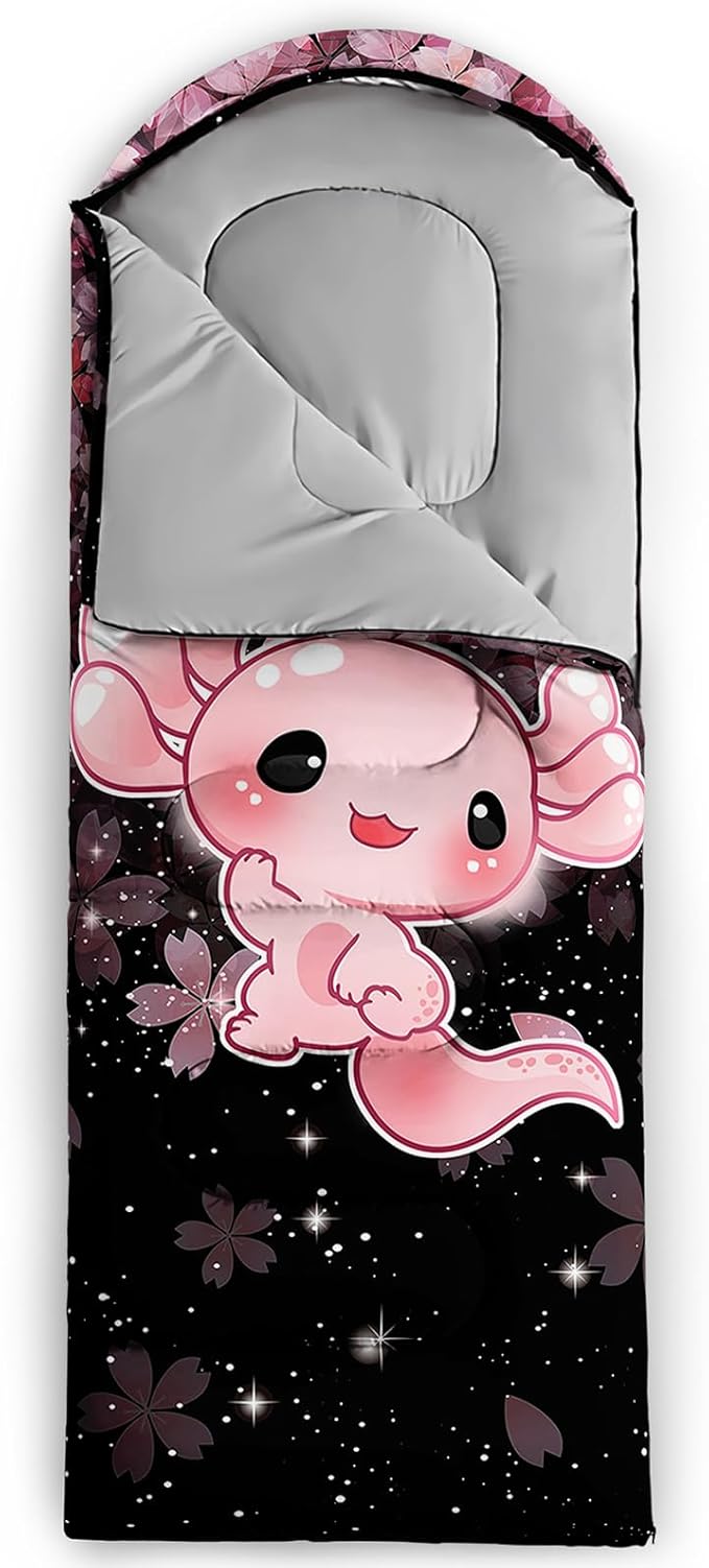 QOOMO Axolotl Cute Camping Sleeping Bags3 Season Warm &amp Cool WeatherLightweightWaterproof Sleeping Bags for Adults &amp KidsTravelingand Outdoors