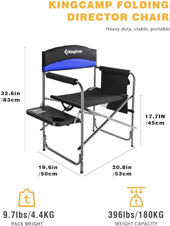 KingCamp Portable Camping Chair Folding Directors Chair Compact Outdoor Chair with Side Table Cup Holder for Beach Trip Tailgating Lawn Sports Backpacking Fishing Picnic Blue