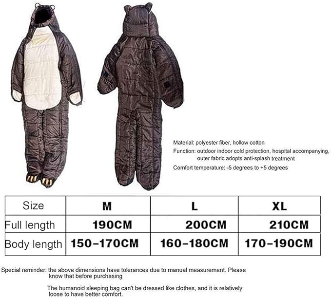 Wearable Sleeping Bag 3 Season Bear-Shaped Sleeping Bag Camping Adults Full Body Sleeping Pouch for CampingTraveling Hiking Backpacking